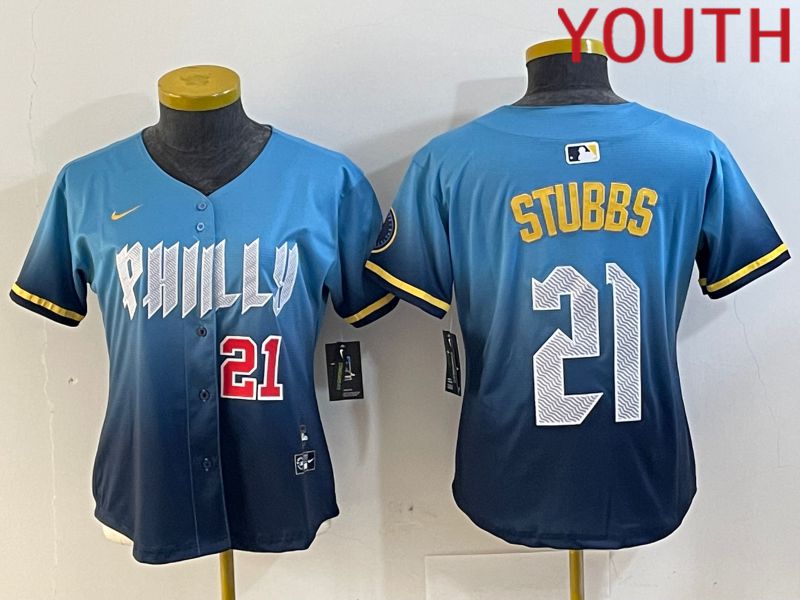 Youth Philadelphia Phillies #21 Stubbs Blue City Edition 2024 Nike MLB Jersey style 3->youth mlb jersey->Youth Jersey